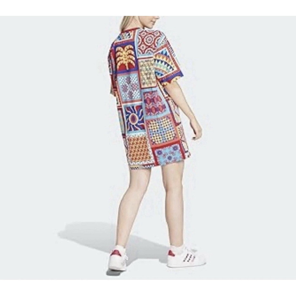 ADIDAS x FARM RIO T-Shirt Dress Size L Red Orange Kaleidoscope Street Wear Boho - Picture 2 of 13